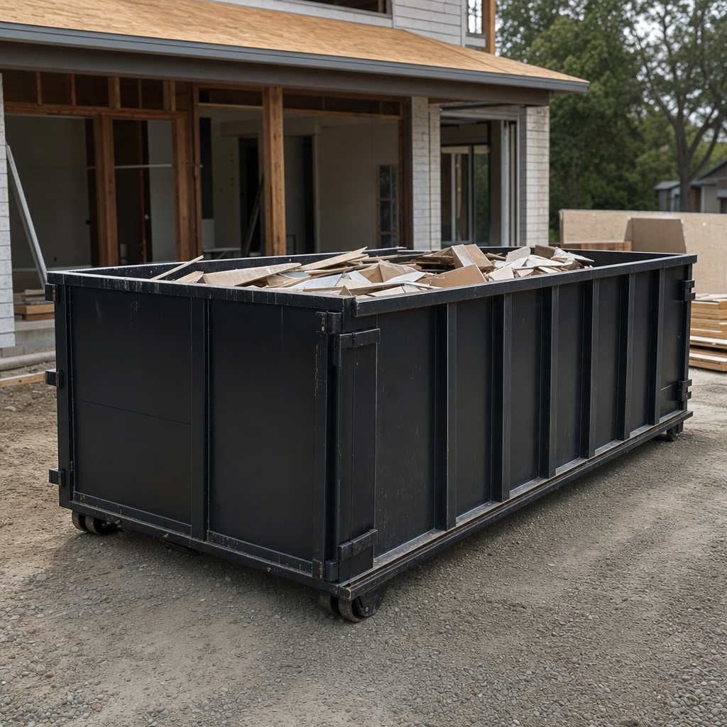 Large matte-black 30-yard construction roll-off dumpster at an active Goose Creek jobsite, steel-gray top rails and bottom rollers visible, loaded with construction debris.