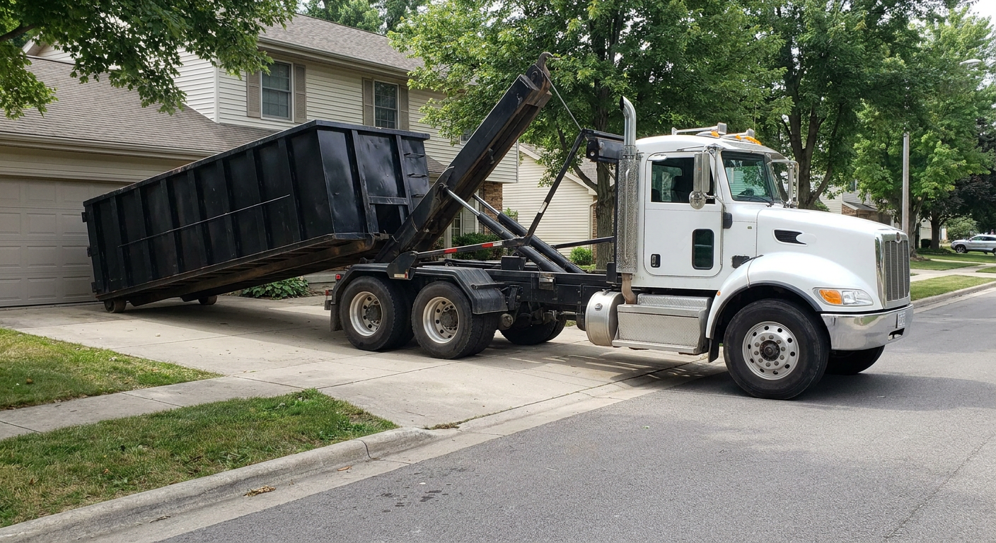 White-cab hooklift roll-off truck actively lowering a matte-black dumpster onto a Goose Creek residential concrete driveway, the dumpster's rear wheels touching the driveway as the hoist arm tilts the bed forward, mid-morning daylight.