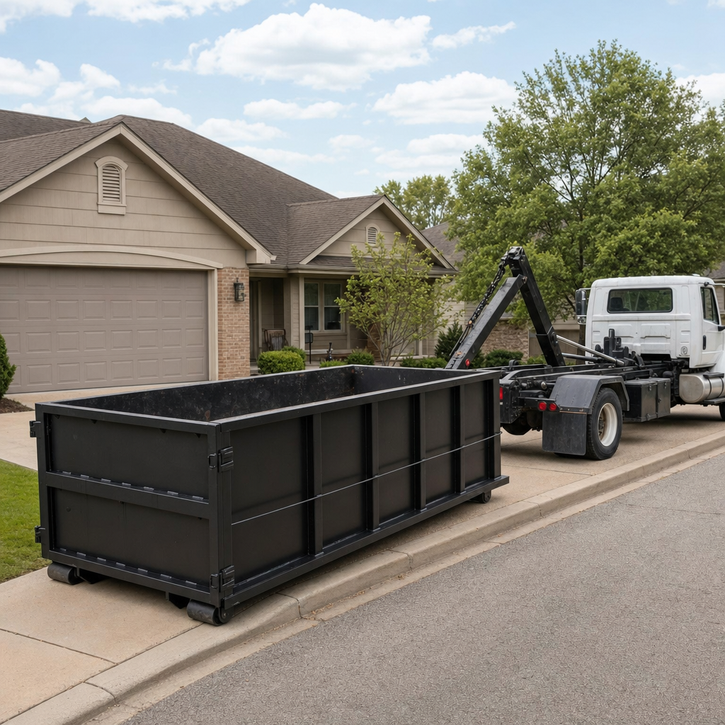 Wide documentary shot of a matte-black roll-off dumpster on a Goose Creek residential driveway in the foreground and a contractor jobsite container in the soft-focus background, bright daylight, calm and orderly composition.